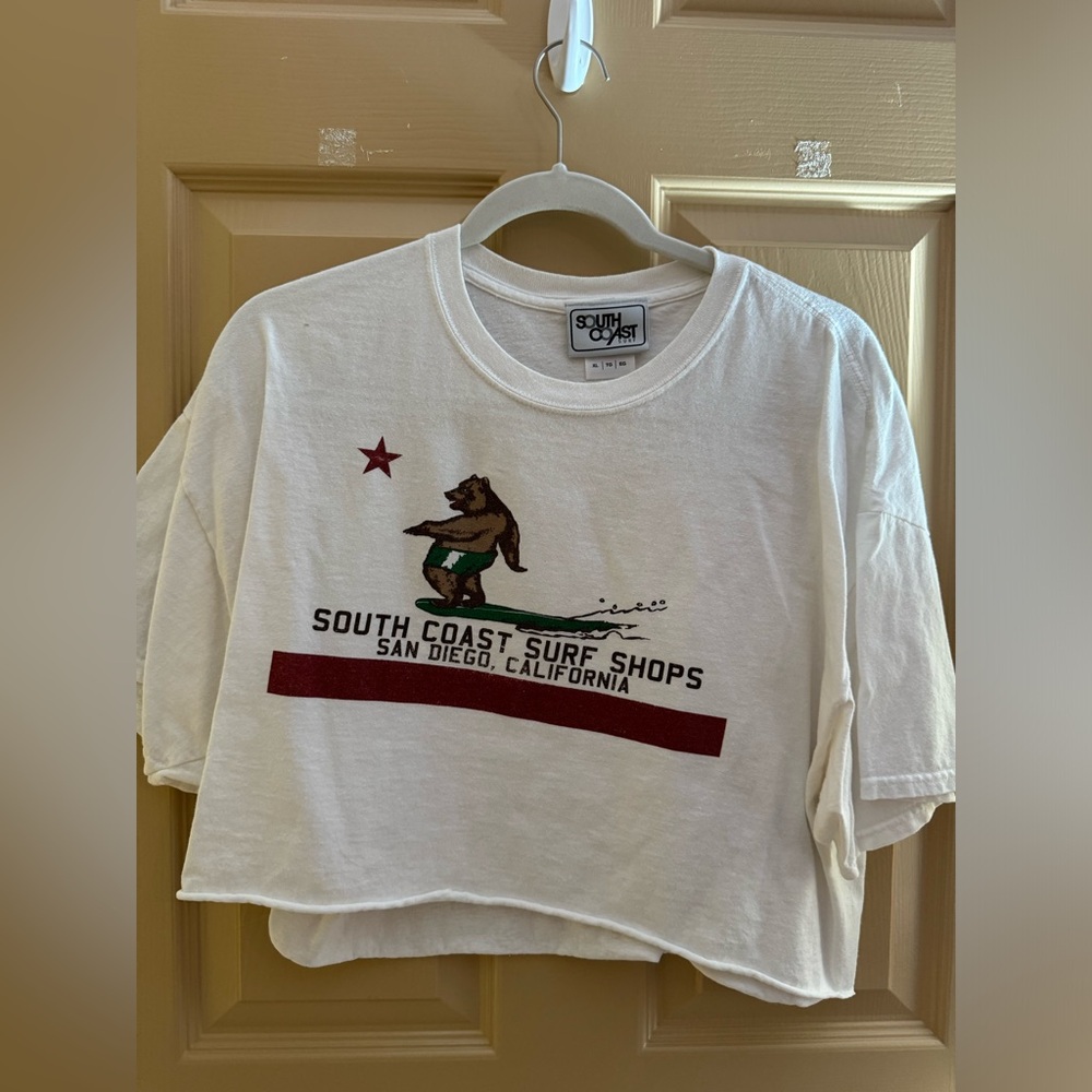 South Coast Surf Shop white and red crop top